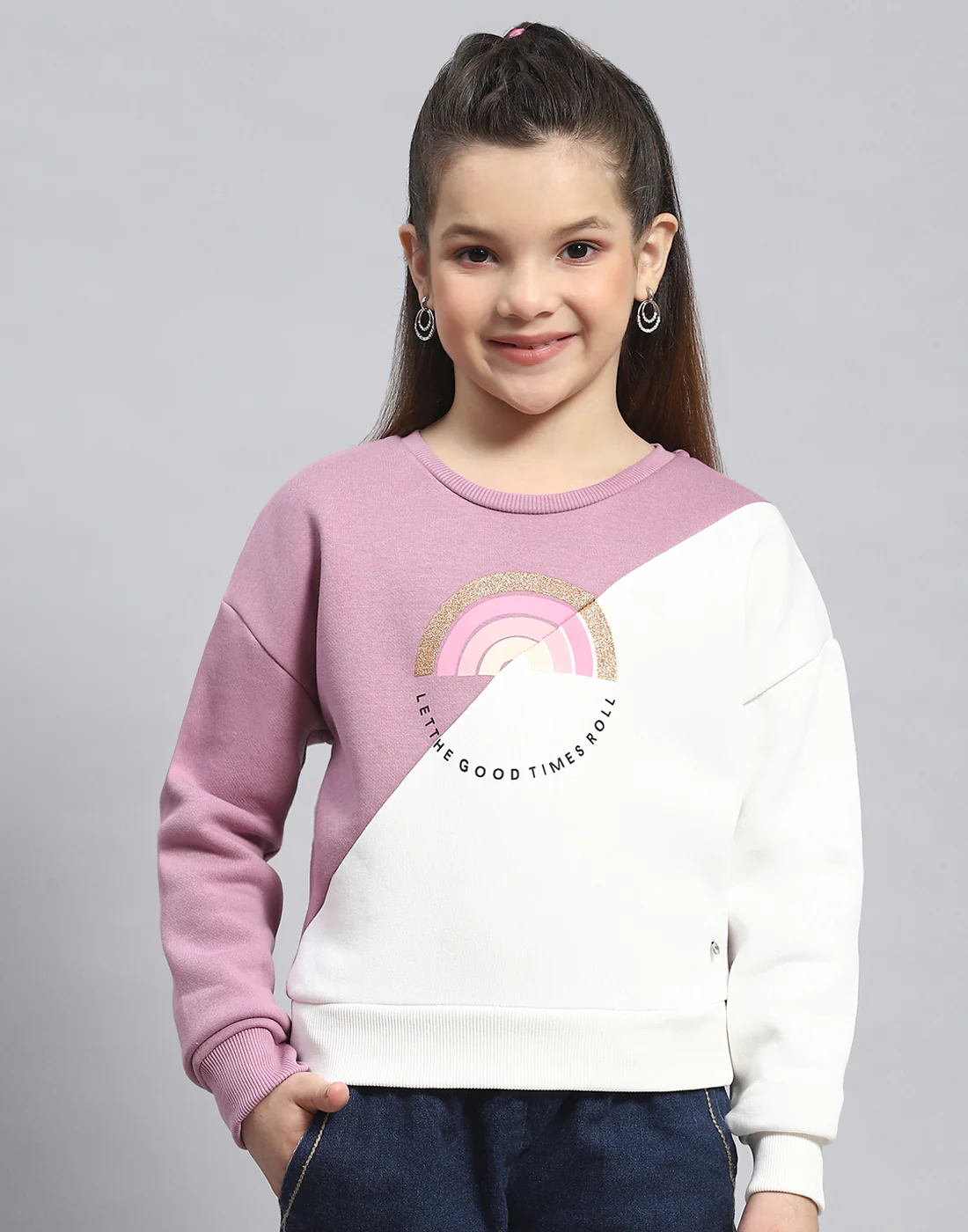 Girls Purple Printed Round Neck Full Sleeve Sweatshirt - Image 2