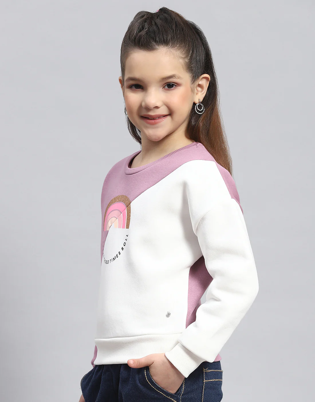 Girls Purple Printed Round Neck Full Sleeve Sweatshirt - Image 3