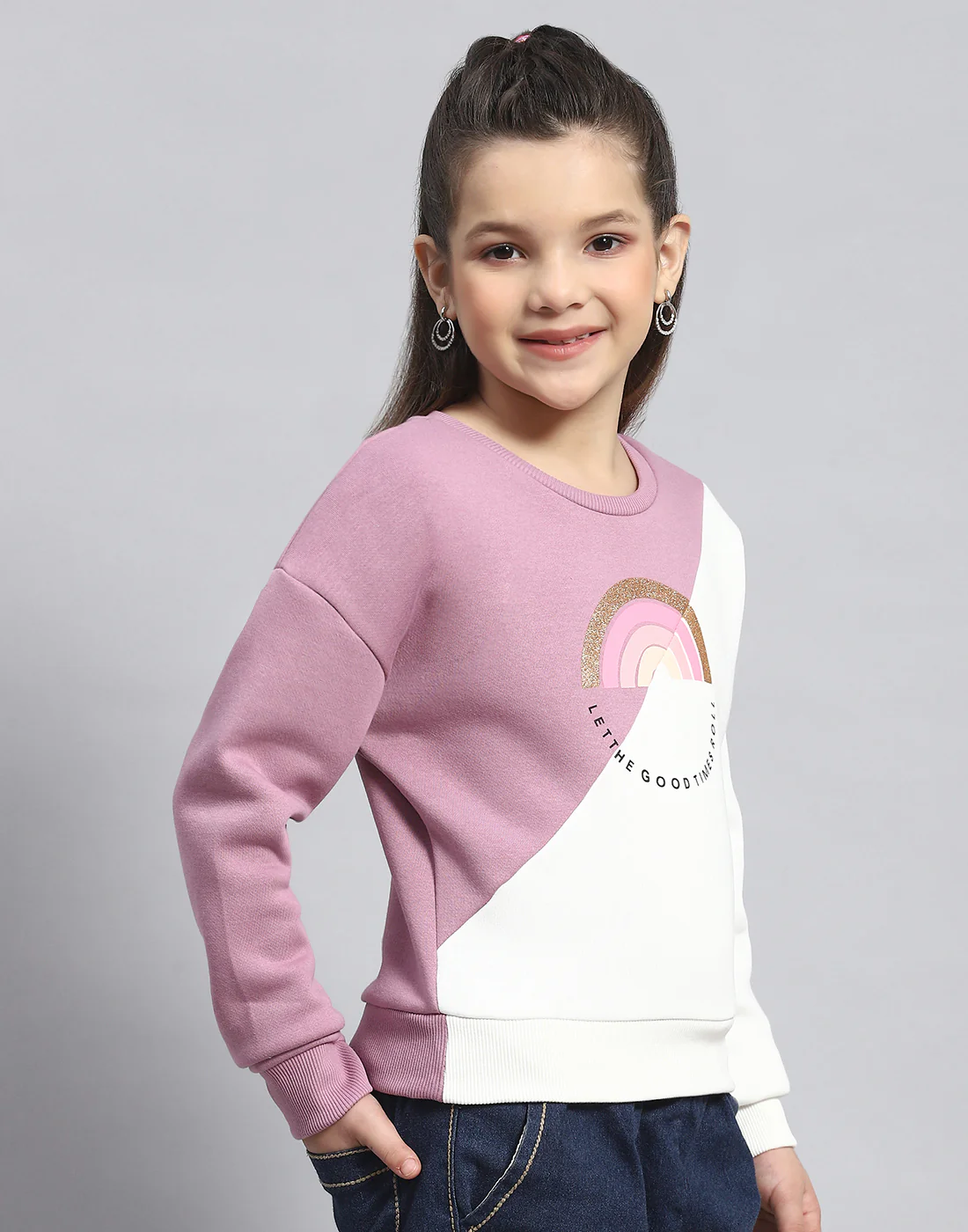 Girls Purple Printed Round Neck Full Sleeve Sweatshirt - Image 4