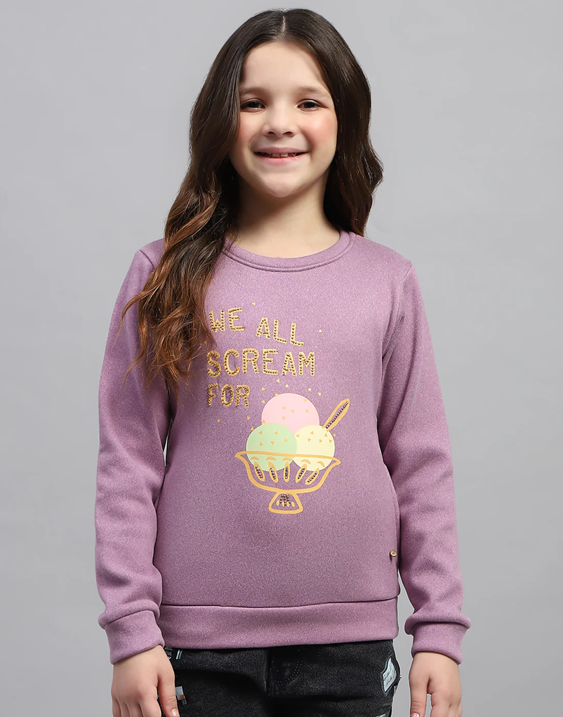 Girls Purple Printed Round Neck Full Sleeve Sweatshirt - Image 2