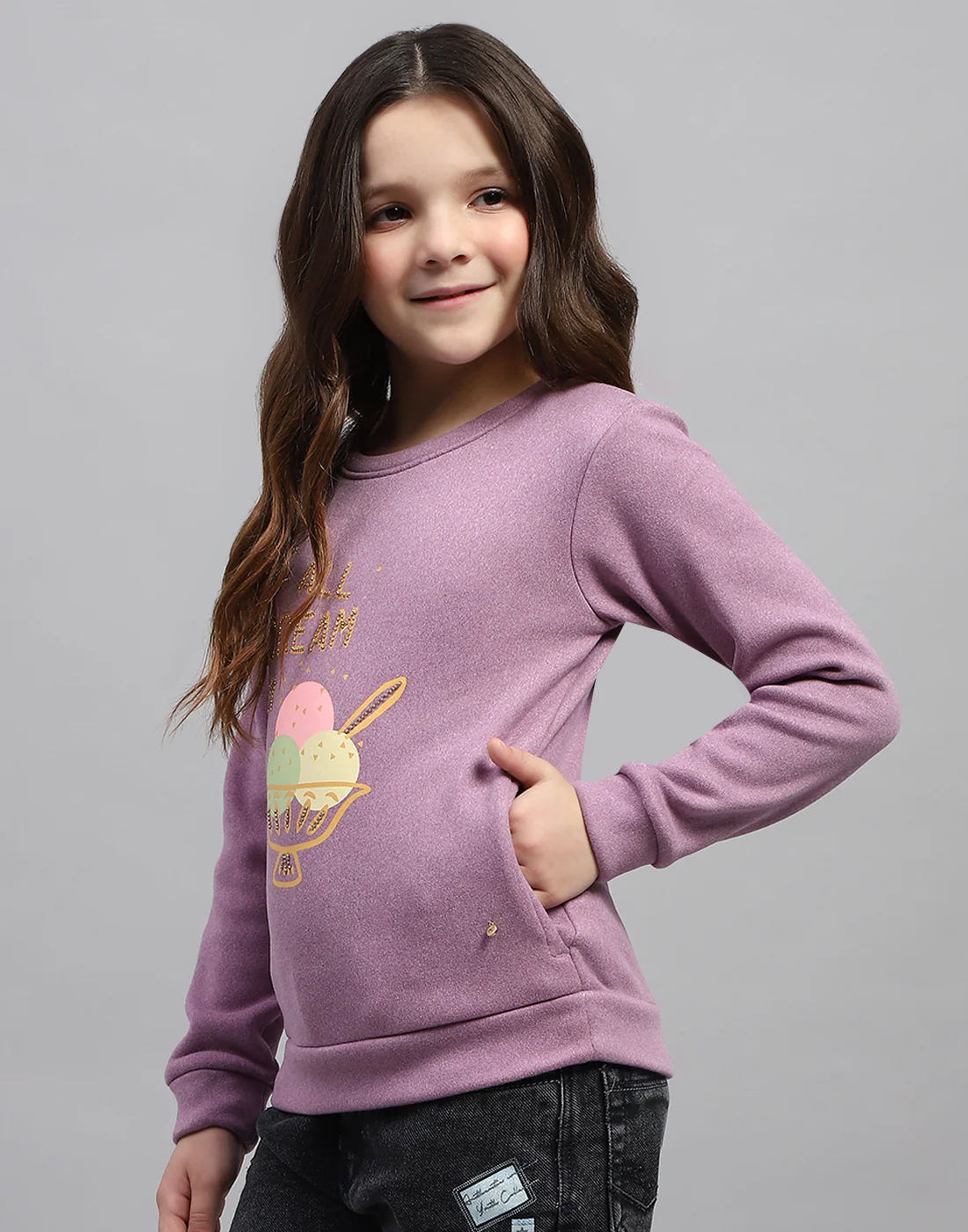 Girls Purple Printed Round Neck Full Sleeve Sweatshirt - Image 3