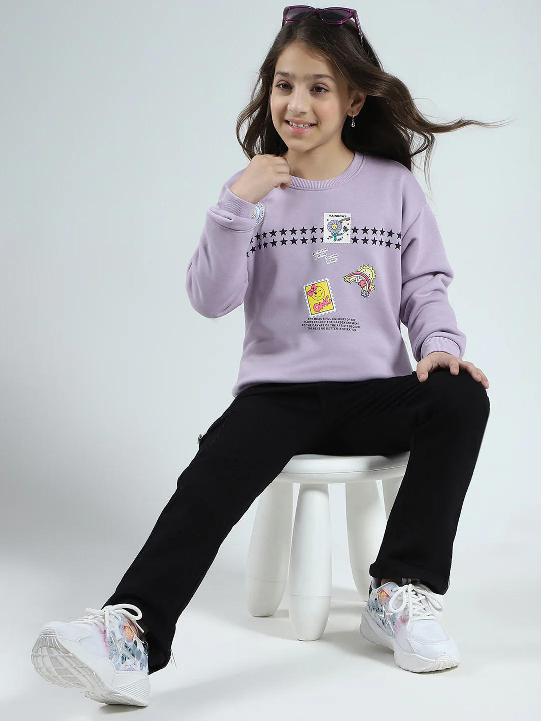 Girls Purple Printed Round Neck Full Sleeve Sweatshirt - Image 2