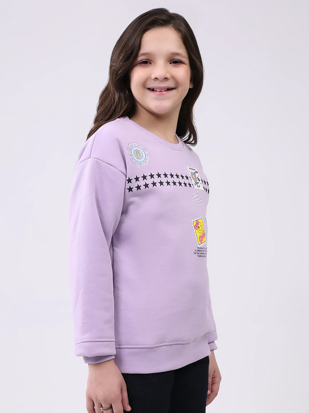 Girls Purple Printed Round Neck Full Sleeve Sweatshirt - Image 4