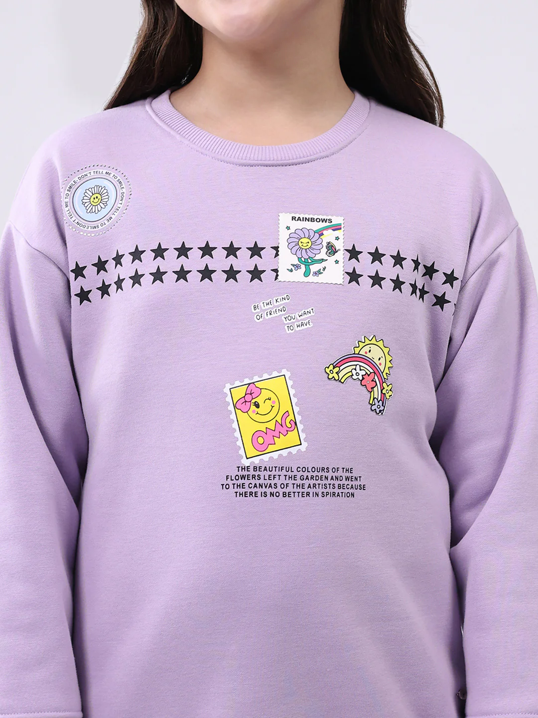 Girls Purple Printed Round Neck Full Sleeve Sweatshirt - Image 6