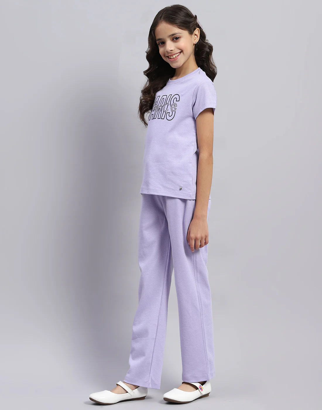 Girls Purple Printed Round Neck Half Sleeve Cords Set - Image 3