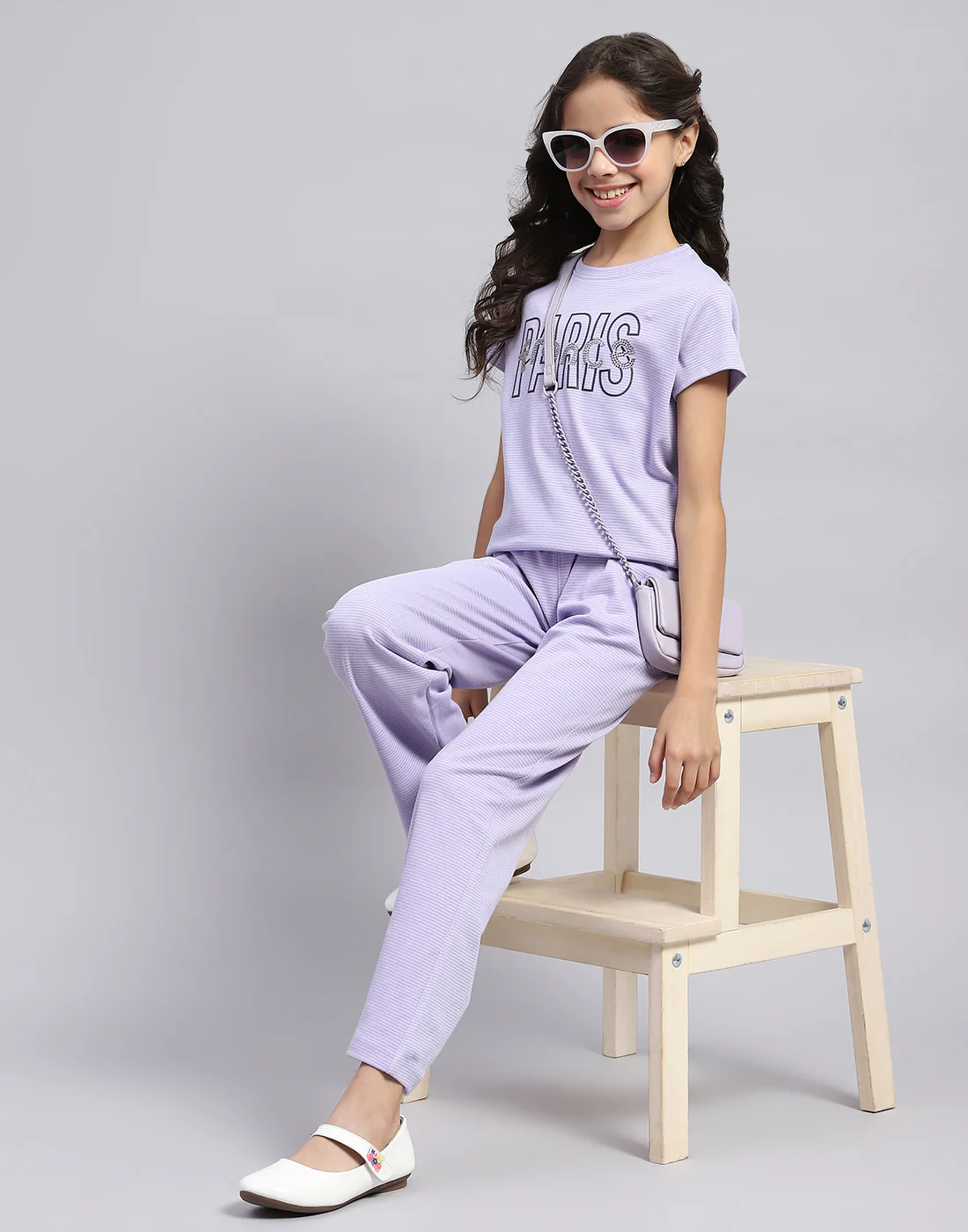 Girls Purple Printed Round Neck Half Sleeve Cords Set - Image 6