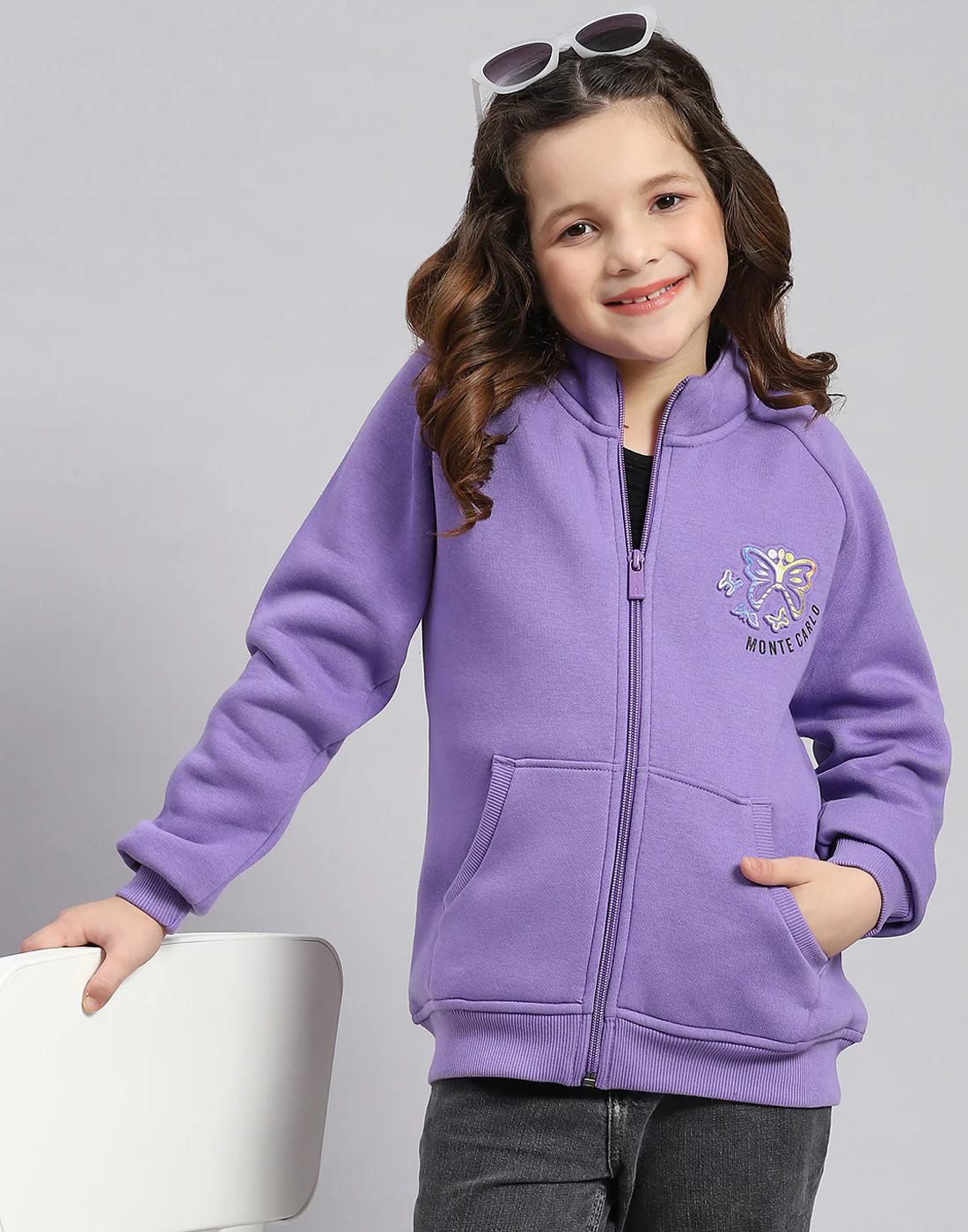 Girls Purple Printed Stand Collar Full Sleeve Sweatshirt - Image 2