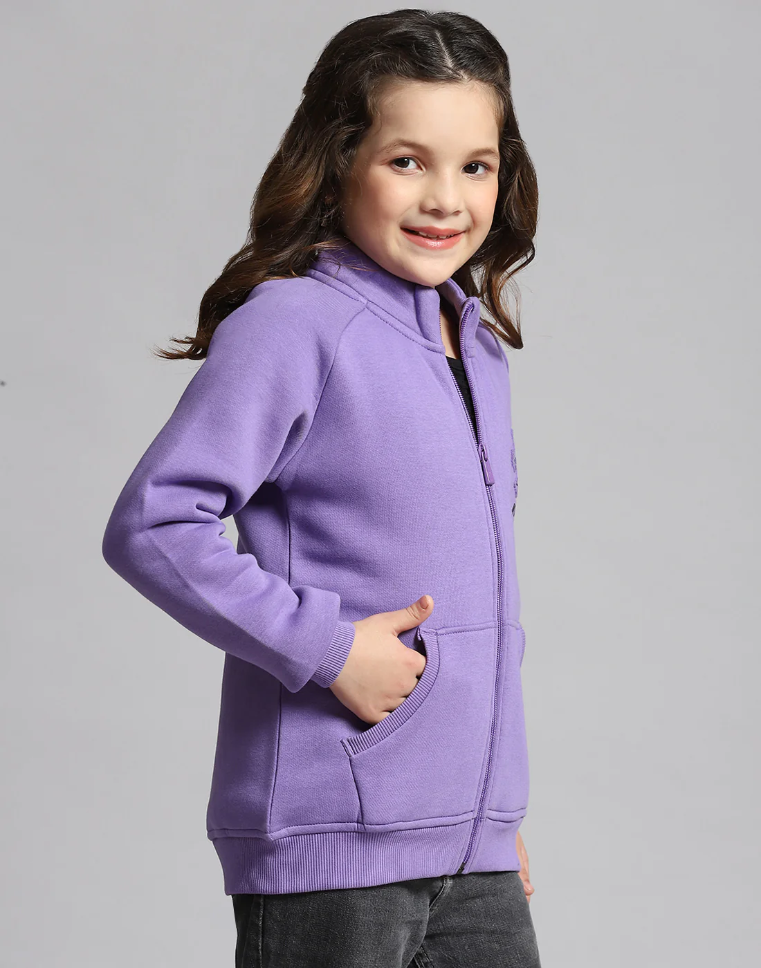 Girls Purple Printed Stand Collar Full Sleeve Sweatshirt - Image 6