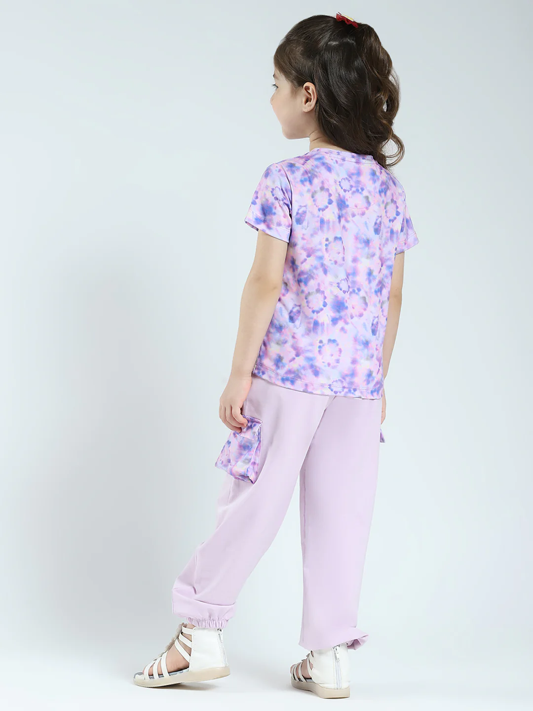 Girls Purple Printed Round Neck Half Sleeve Lower Set - Image 5