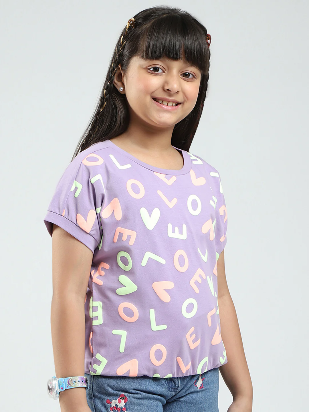 Girls Purple Printed Round Neck Half Sleeve Top - Image 4