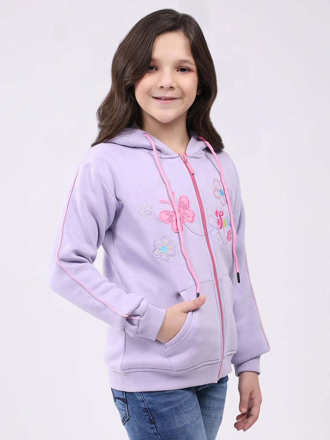 Girls Purple Self Design Hooded Full Sleeve Sweatshirt - Image 4