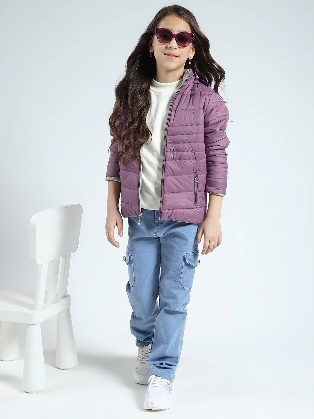 Girls Purple Solid Detachable Hood Full Sleeve Jacket - Image 2
