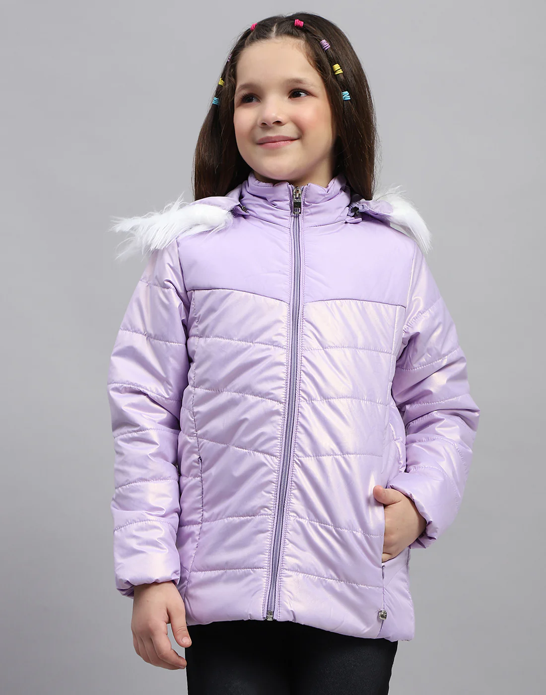 Girls Purple Solid Hooded Full Sleeve Jacket - Image 2