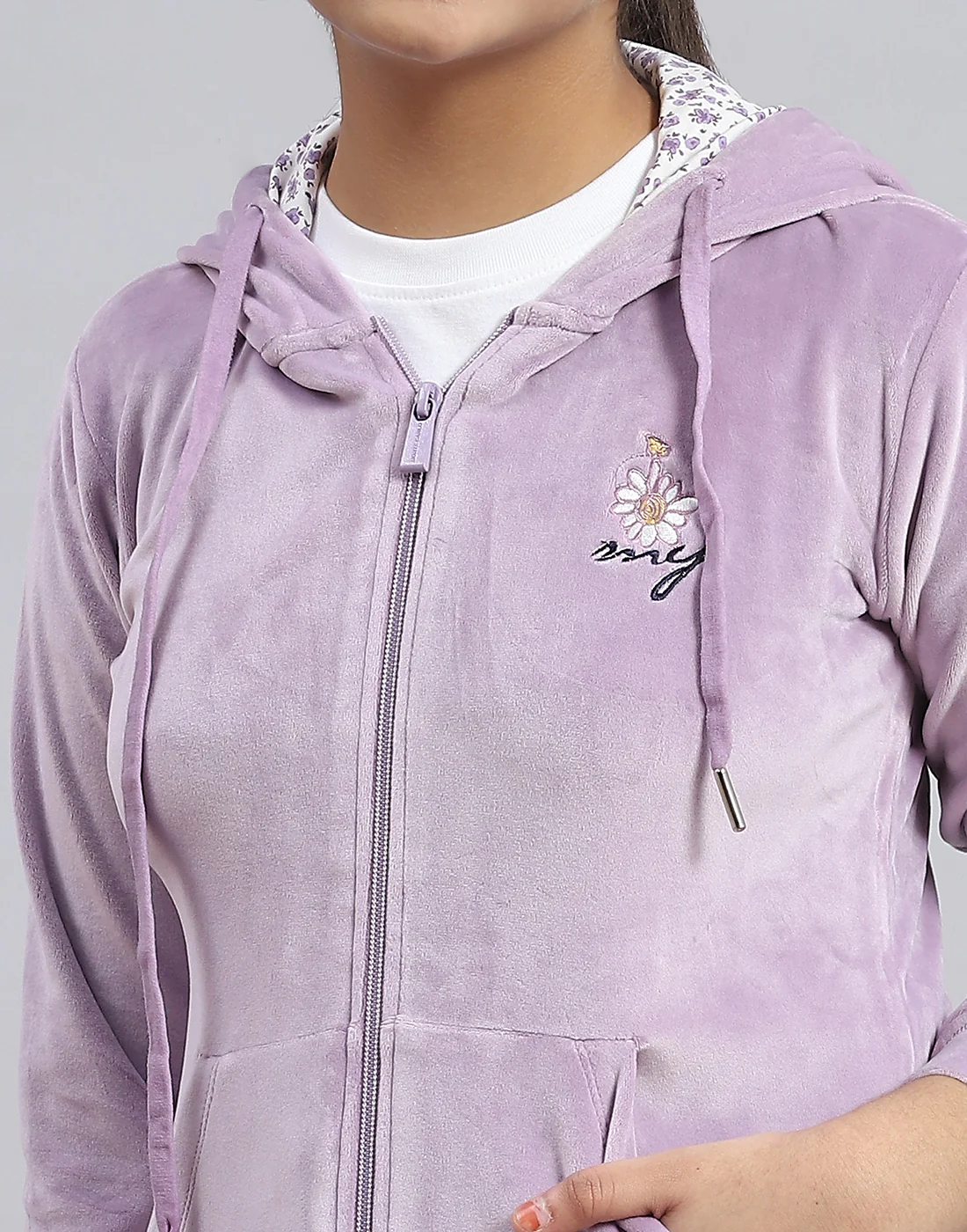 Girls Purple Solid Hooded Full Sleeve Sweatshirt - Image 2