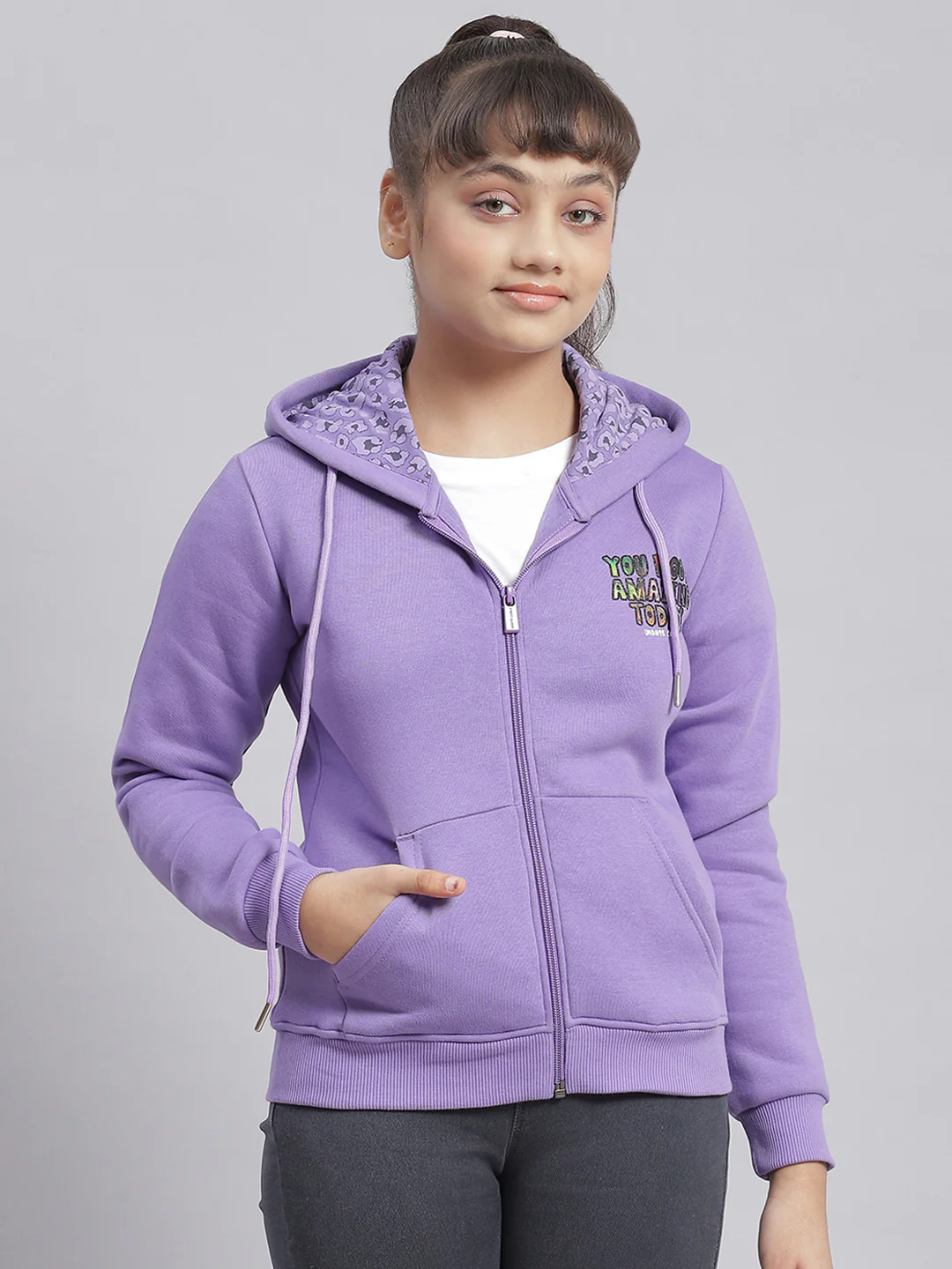 Girls Purple Solid Hooded Full Sleeve Sweatshirt - Image 2
