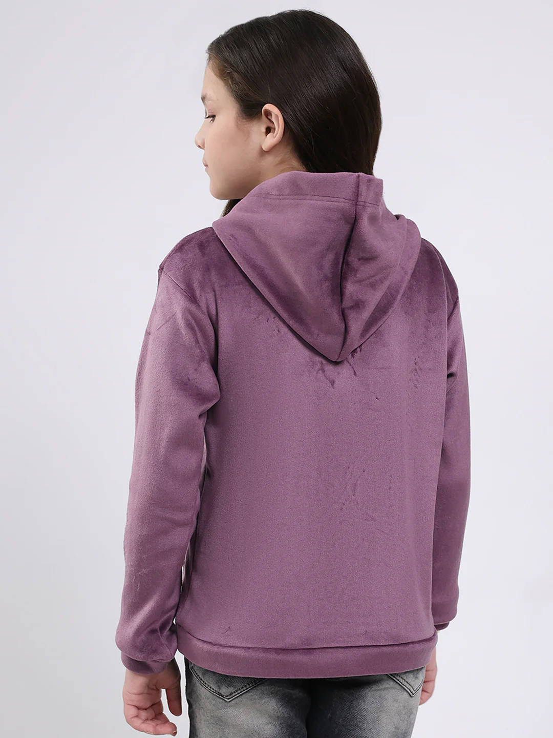 Girls Purple Solid Hooded Full Sleeve Sweatshirt - Image 5