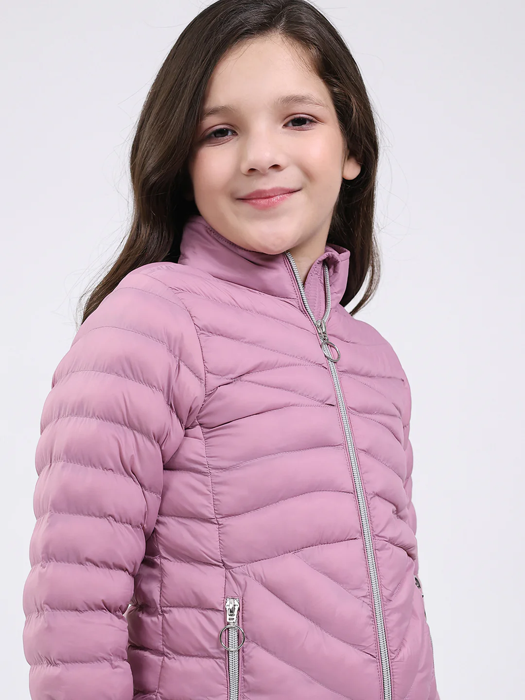 Girls Purple Solid Mock Neck Full Sleeve Jacket - Image 7