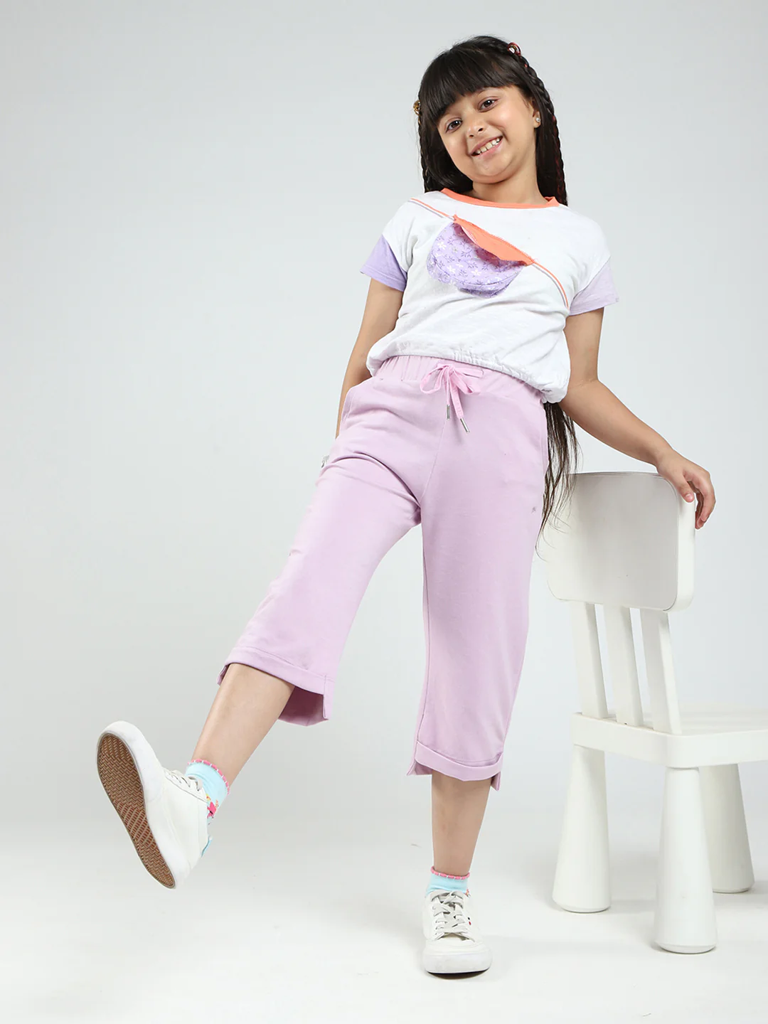 Girls Purple Solid Regular Fit Capri - Image 2