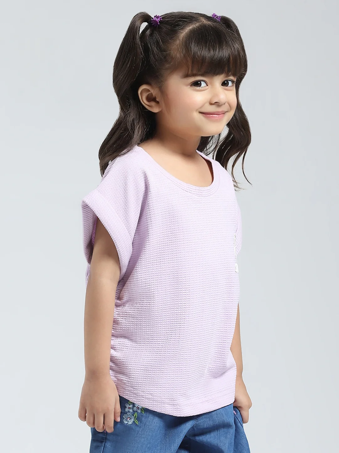 Girls Purple Solid Round Neck Half Sleeve Top - Image 4