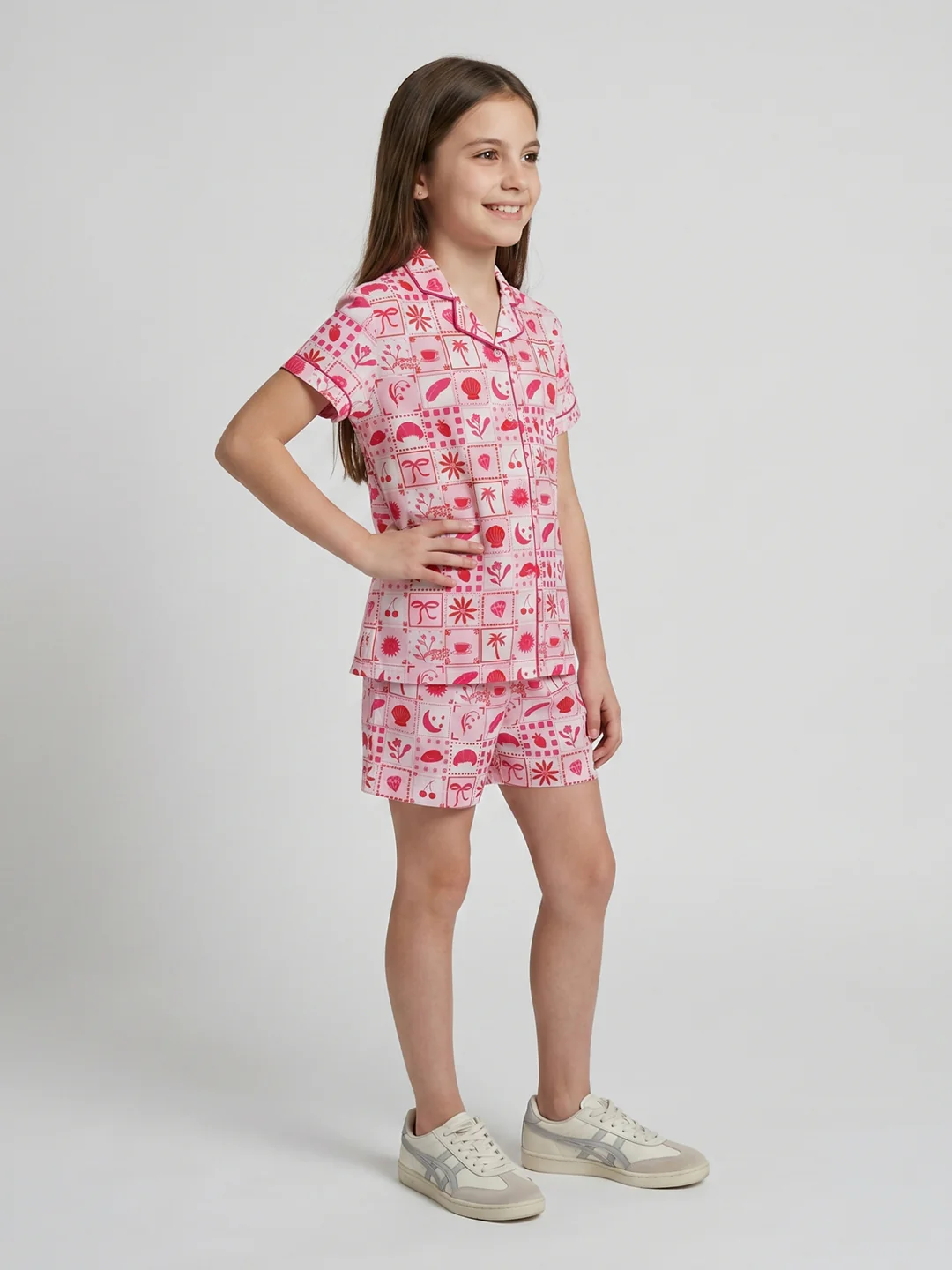 Girls Red Printed Collar Half Sleeve Shorts Set - Image 3