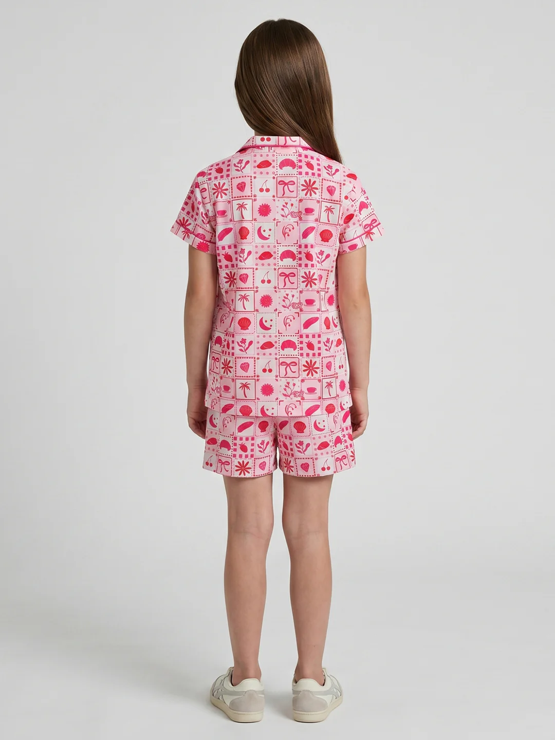 Girls Red Printed Collar Half Sleeve Shorts Set - Image 4