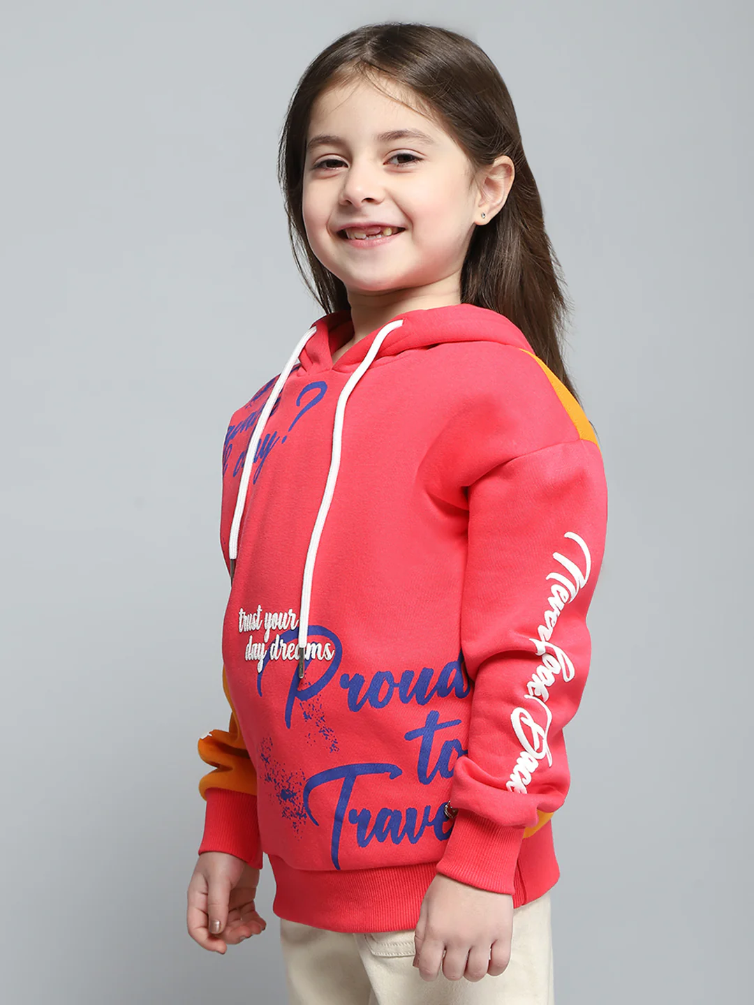 Girls Red Printed Hooded Full Sleeve Sweatshirt - Image 3