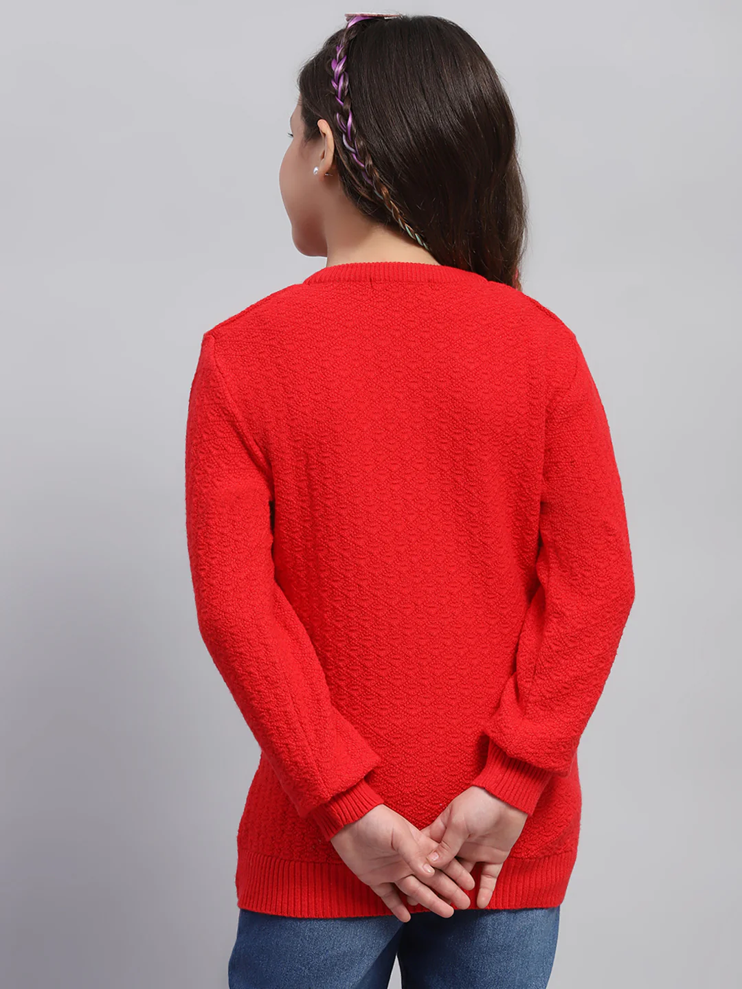 Girls Red Printed Round Neck Full Sleeve Winter Top - Image 5