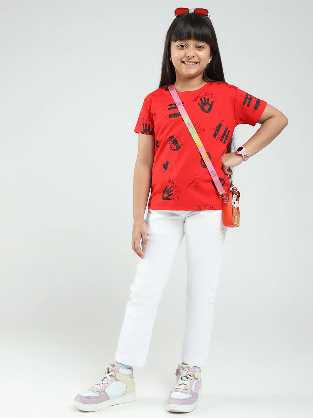 Girls Red Printed Round Neck Half Sleeve Top - Image 2