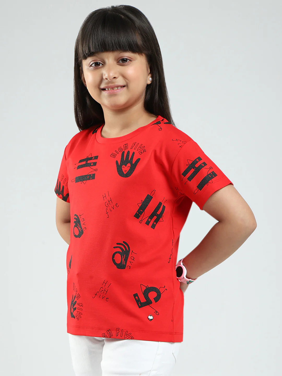 Girls Red Printed Round Neck Half Sleeve Top - Image 3