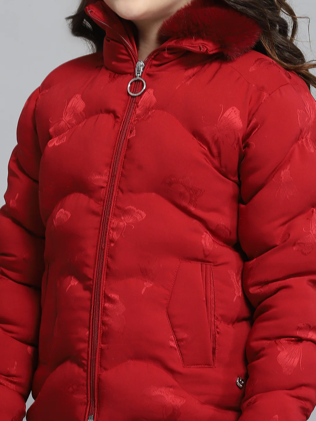 Girls Red Self Design Collar Full Sleeve Jacket - Image 6