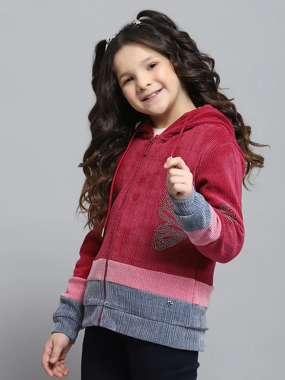 Girls Red Self Design Hooded Full Sleeve Sweatshirt - Image 3