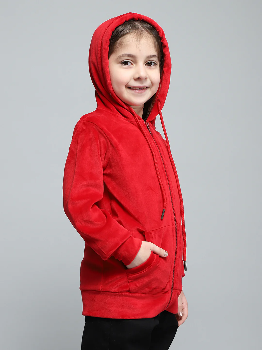 Girls Red Solid Hooded Full Sleeve Sweatshirt - Image 3
