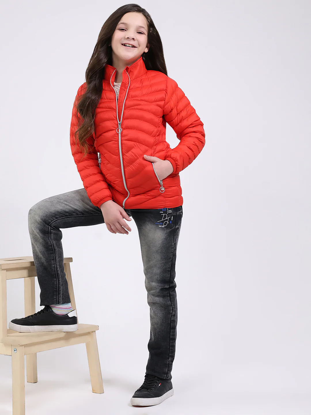 Girls Red Solid Mock Neck Full Sleeve Jacket - Image 2