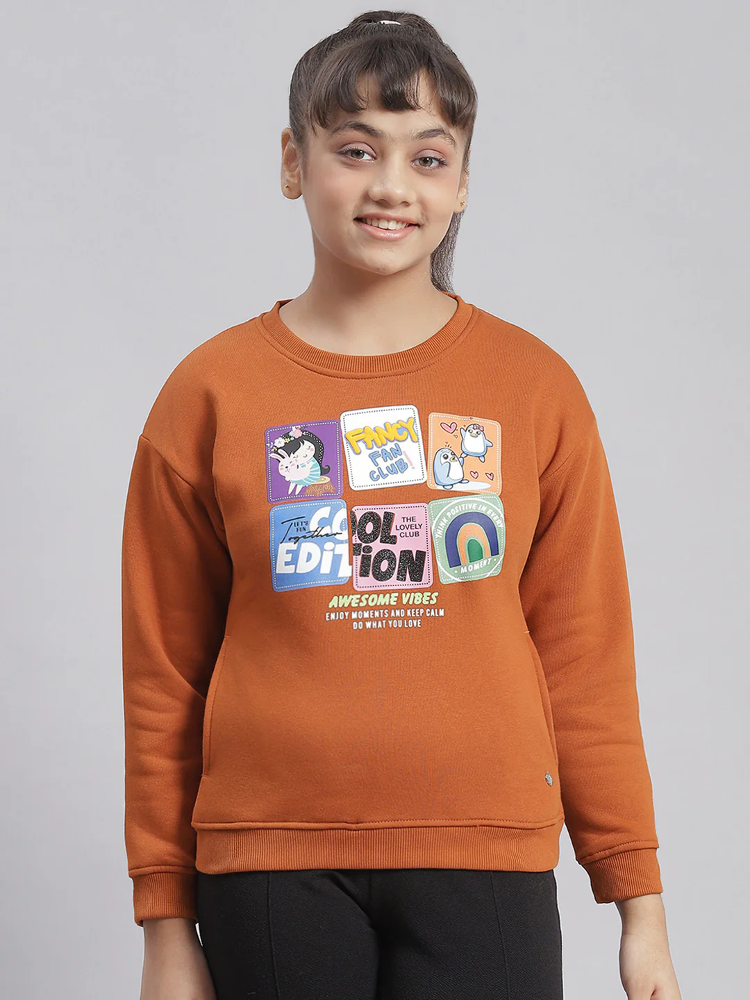 Girls Rust Printed Round Neck Full Sleeve Sweatshirt - Image 4
