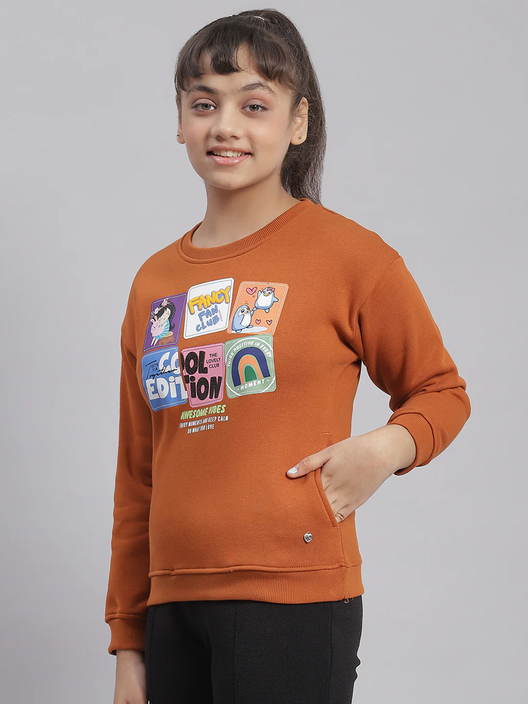 Girls Rust Printed Round Neck Full Sleeve Sweatshirt - Image 5