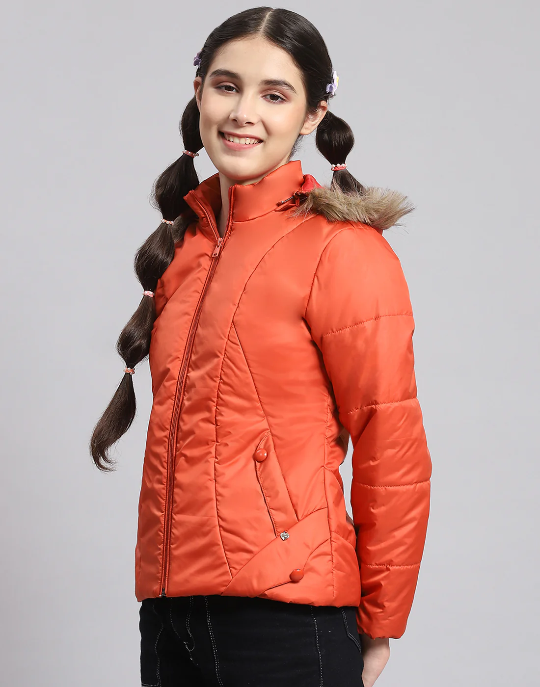 Girls Rust Solid Hooded Full Sleeve Girls Jacket - Image 3