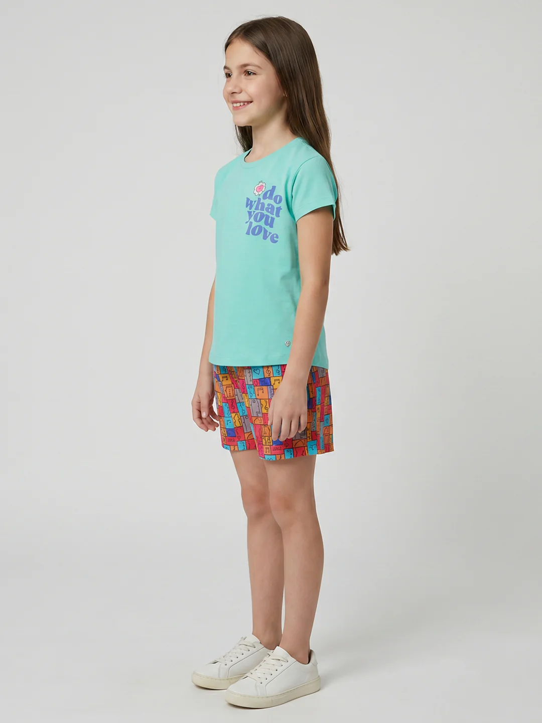 Girls Sea Green Printed Round Neck Half Sleeve Shorts Set - Image 3