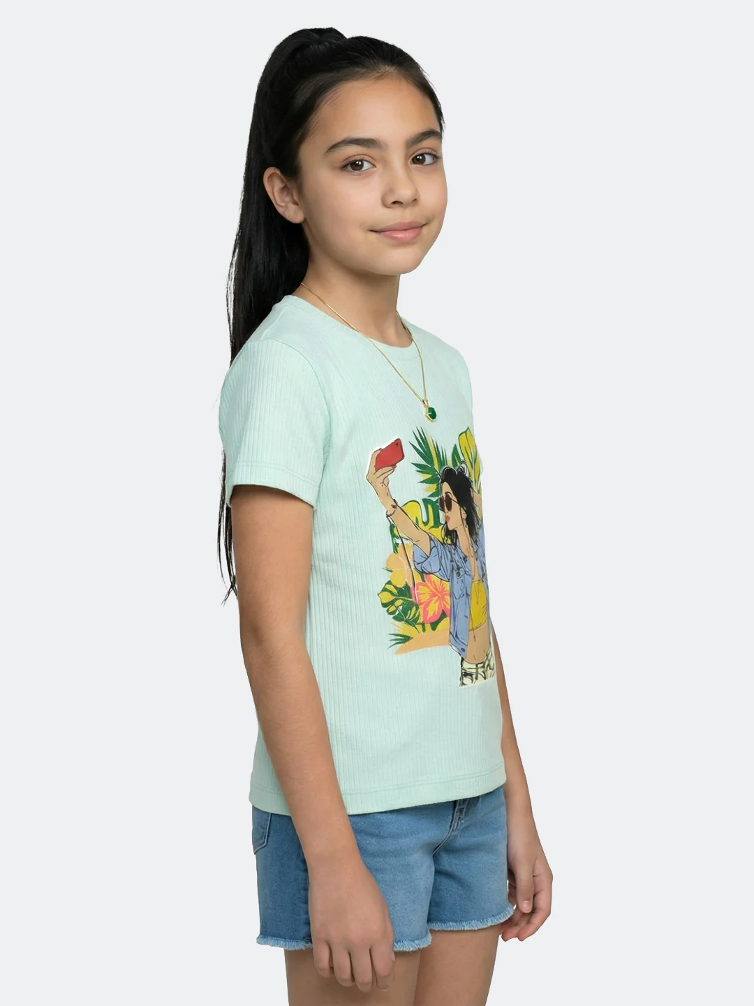 Girls Sea Green Printed Round Neck Half Sleeve Top - Image 2