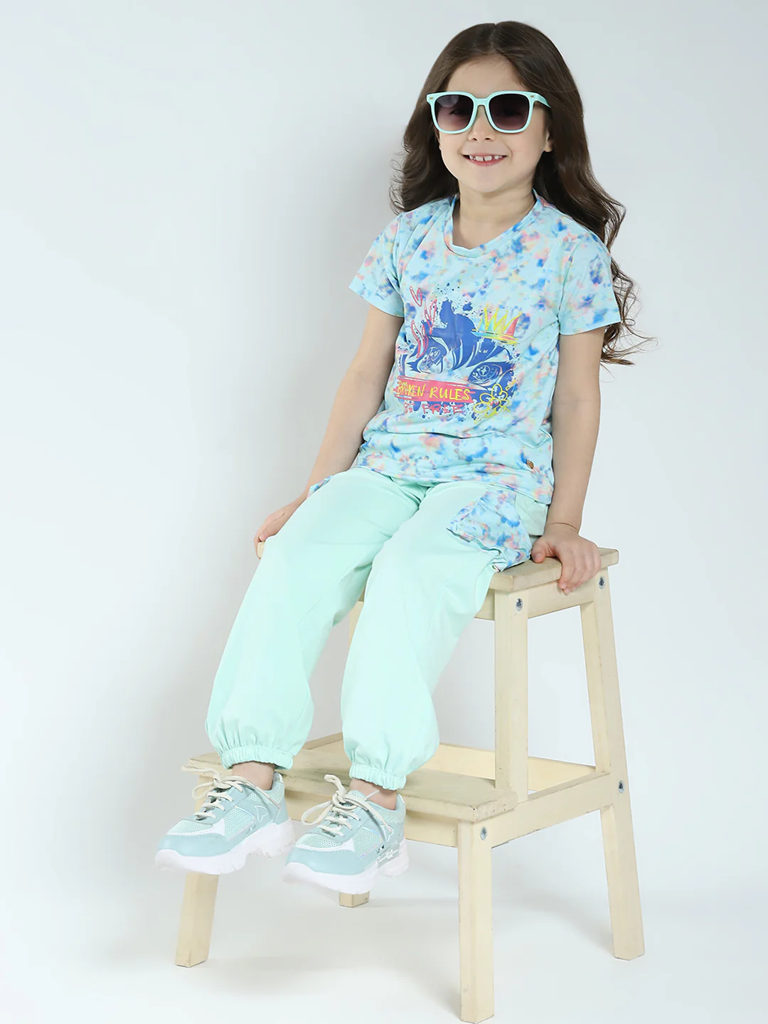 Girls Sea Green Printed Round Neck Half Sleeve Lower Set - Image 2