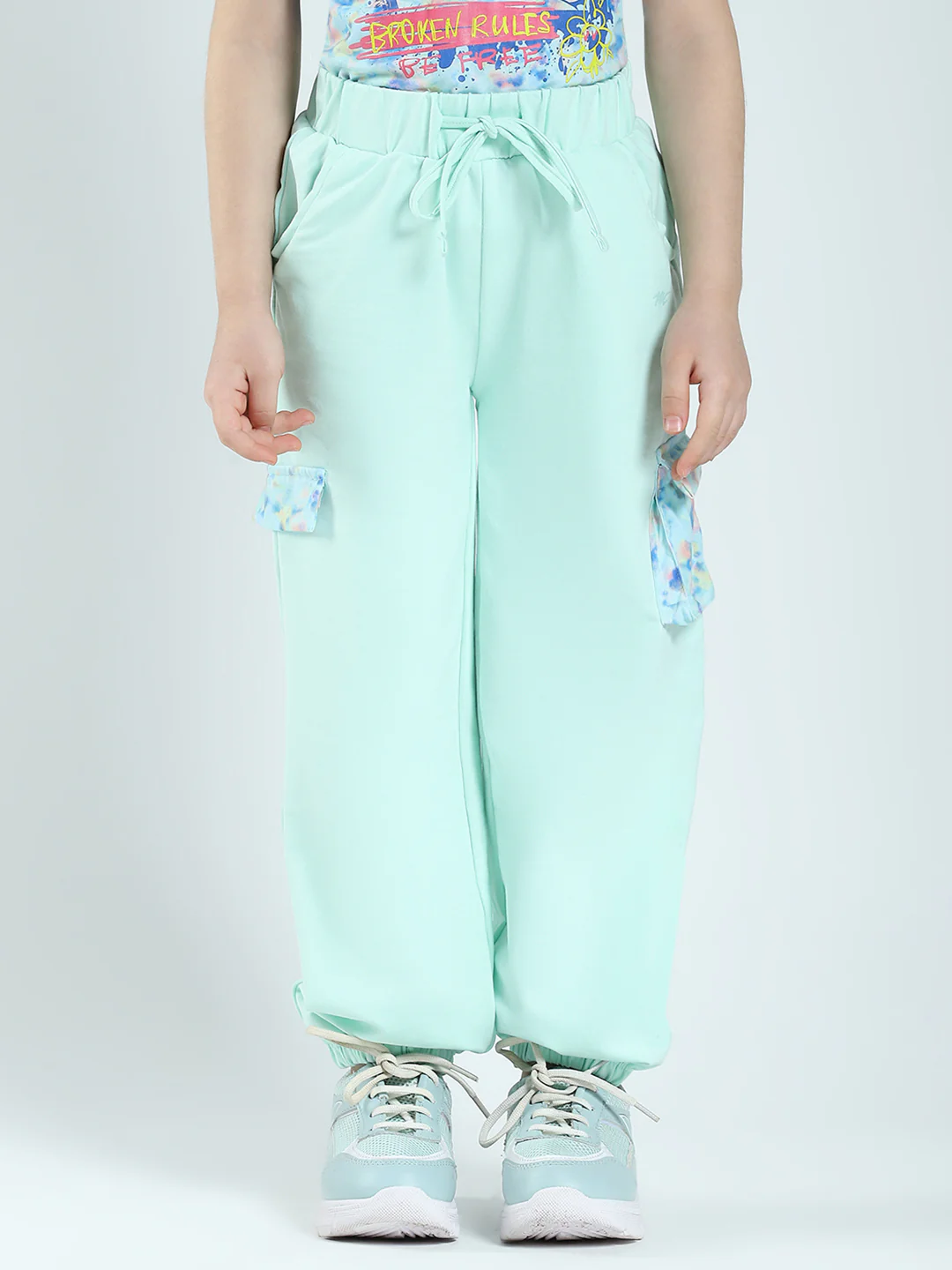 Girls Sea Green Printed Round Neck Half Sleeve Lower Set - Image 6