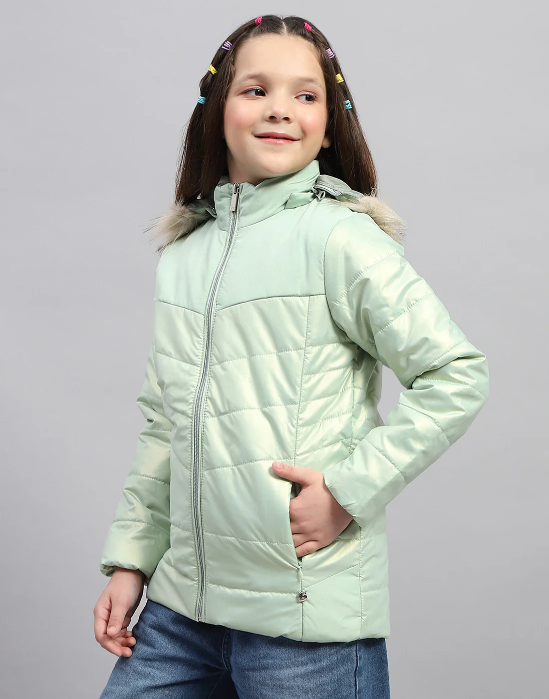 Girls Sea Green Solid Hooded Full Sleeve Jacket - Image 3