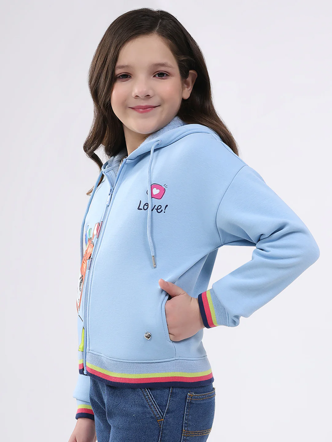 Girls Sky Blue Printed Hooded Full Sleeve Sweatshirt - Image 3