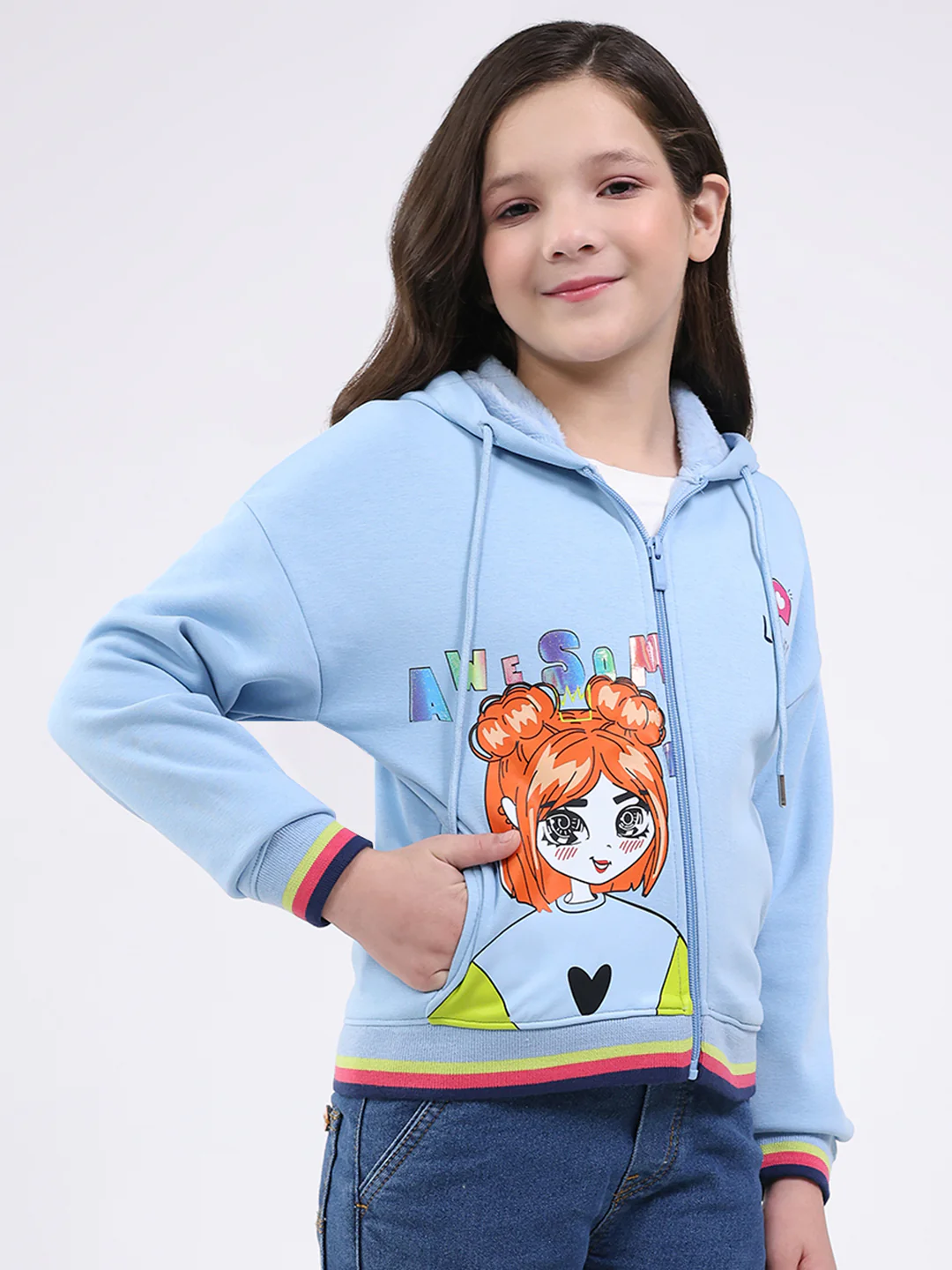 Girls Sky Blue Printed Hooded Full Sleeve Sweatshirt - Image 4