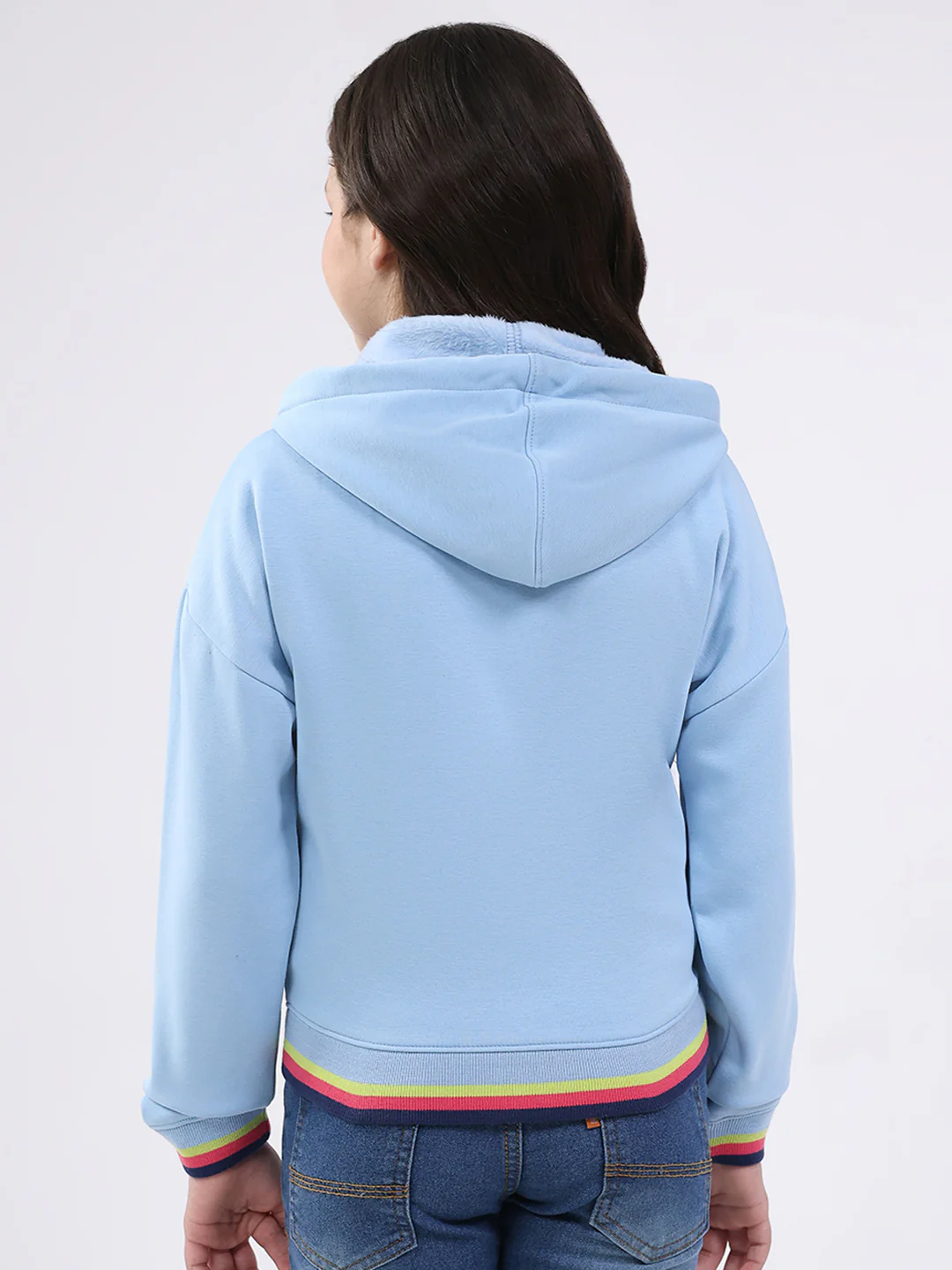 Girls Sky Blue Printed Hooded Full Sleeve Sweatshirt - Image 5