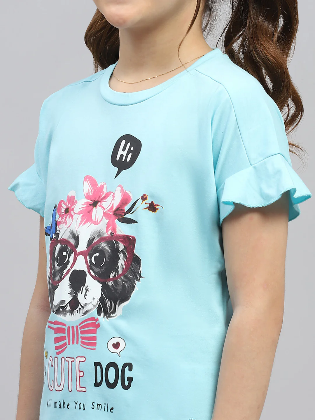 Girls Sky Blue Printed Round Neck Half Sleeve Capri Set - Image 6