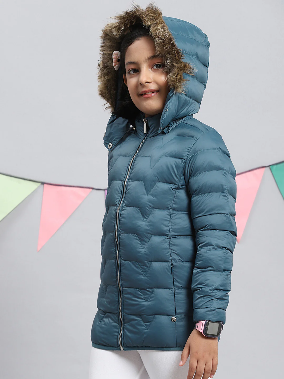 Girls Teal Blue Plain Jacket - Image 3