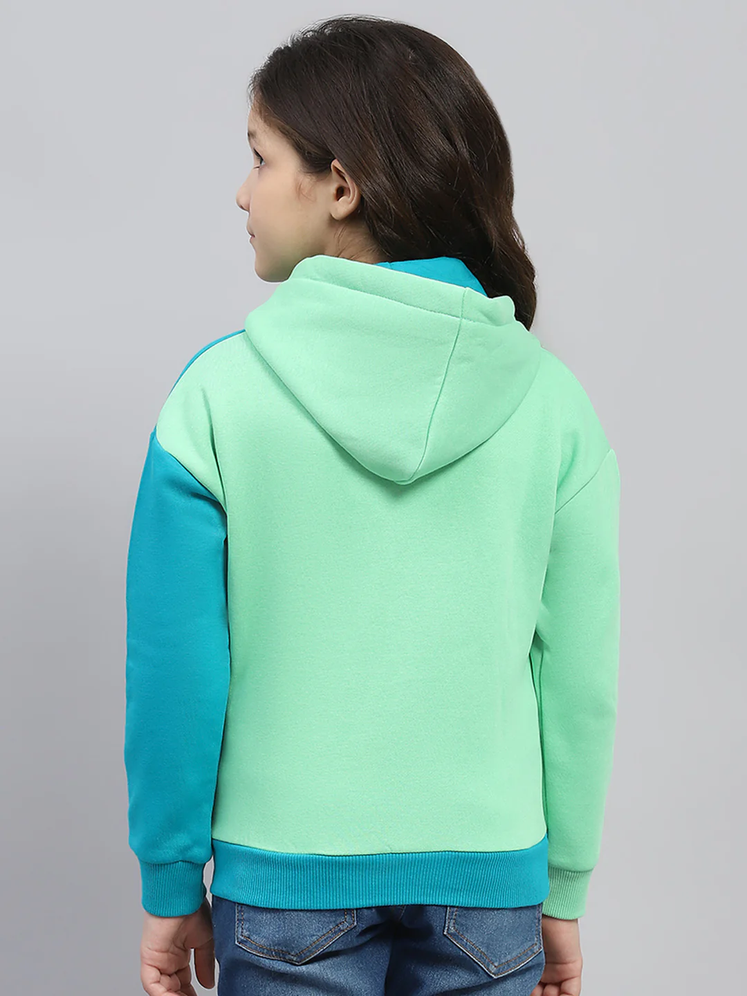 Girls Teal Blue Printed Hooded Full Sleeve Sweatshirt - Image 5
