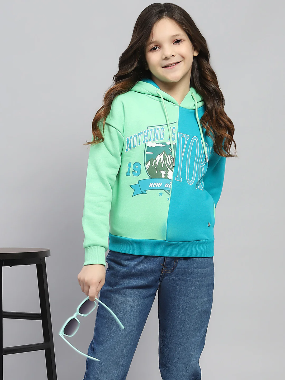 Girls Teal Blue Printed Hooded Full Sleeve Sweatshirt - Image 6