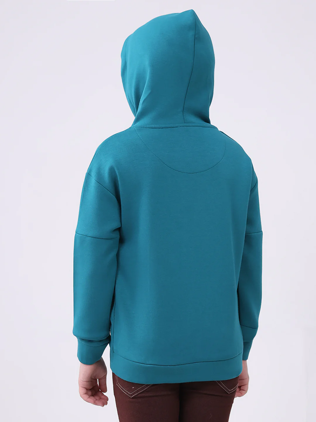 Girls Teal Blue Printed Hooded Full Sleeve Sweatshirt - Image 5