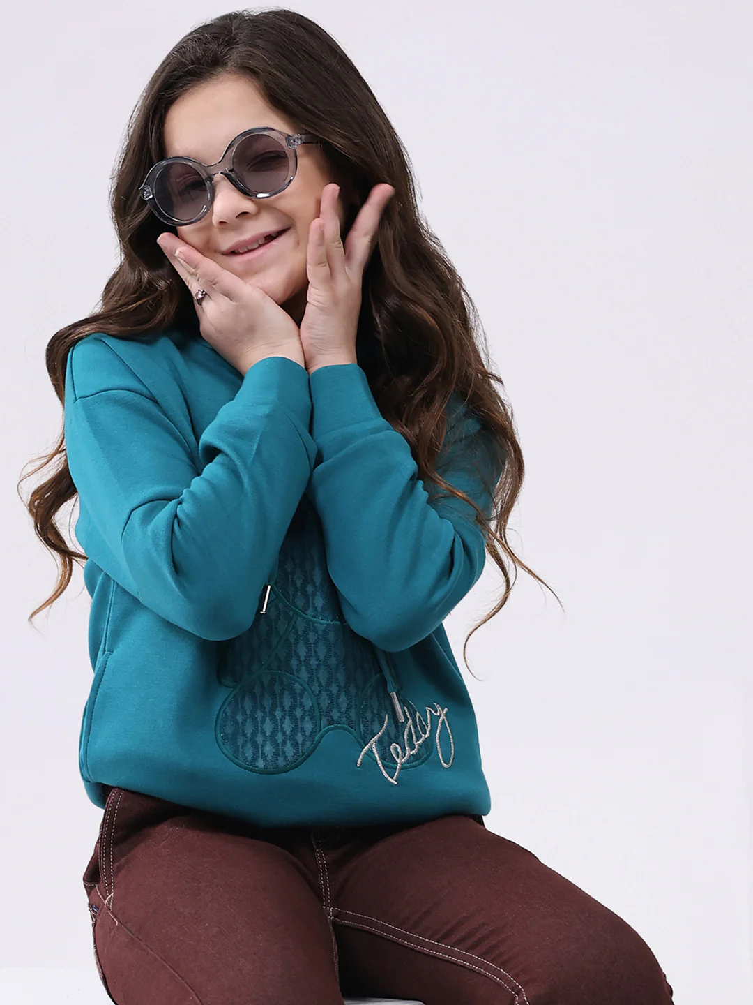 Girls Teal Blue Printed Hooded Full Sleeve Sweatshirt - Image 6